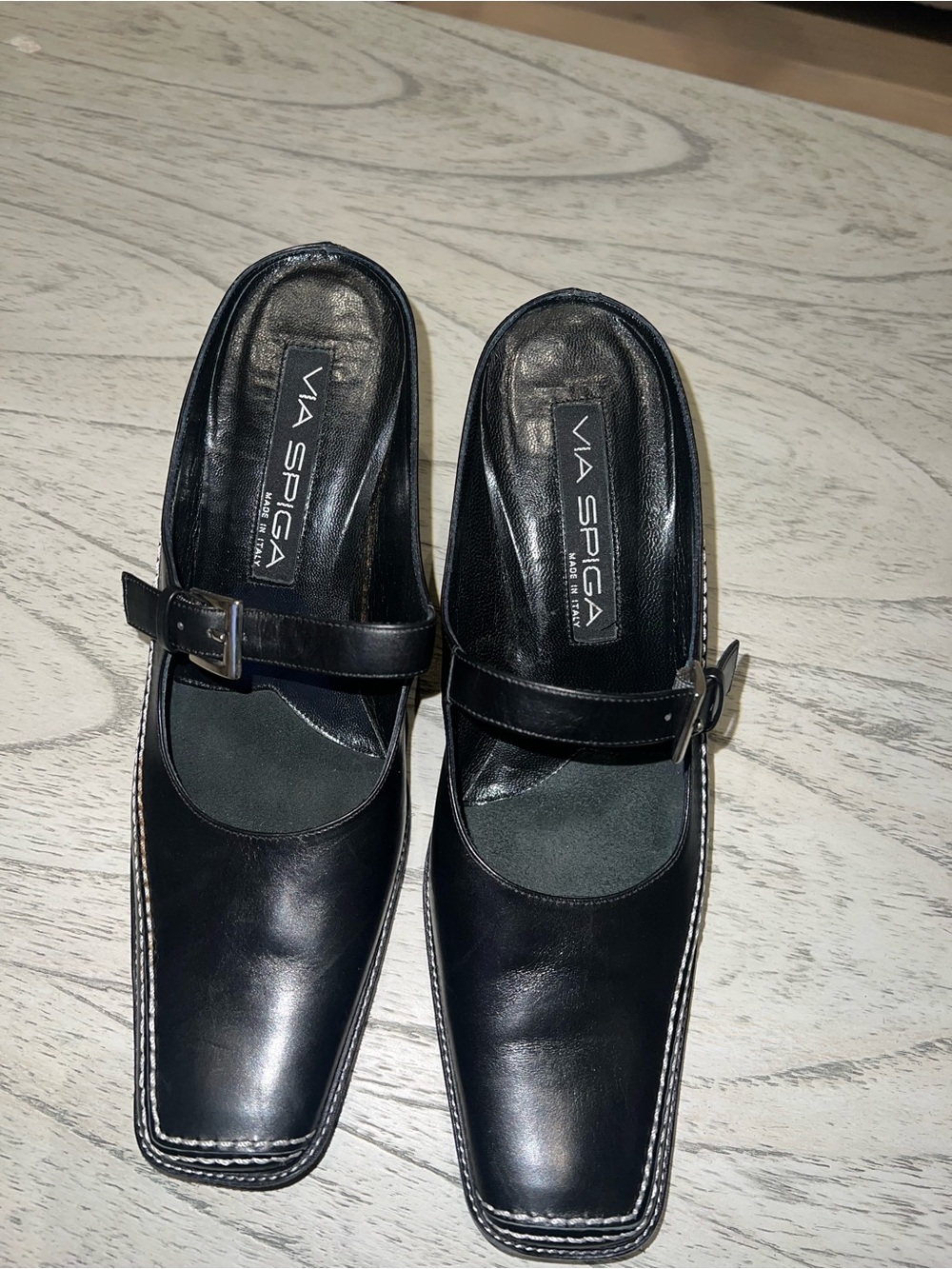 Via Spiga Black Leather Buckle heeled Mules